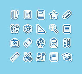 Set of school and education vector line icons: stationery, learning and science symbols, and various school supplies.
