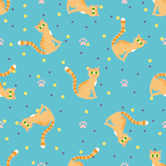 Red cats seamless pattern. Sitting red cat on a blue background with paw print