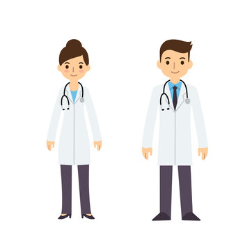 Two young doctors, man and woman, in cute flat cartoon style. Isolated on white background.