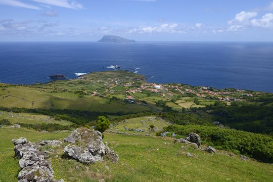 View of Ponta Delgada with the island of Corvo in the distance, Azores, Portugal