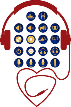 Set com icones de som e um fone de ouvido com fio em formando um cora&ccedil;&atilde;o