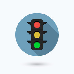 Flat traffic light icon with long shadow effect. Isolated on white background. Vector illustration.