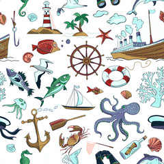 Colored Nautical or marine themed seamless pattern