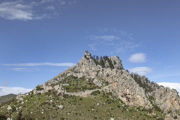 St. Hilarion castle on a steep hilltop on the mountains over Kirenia and the coast, North Cyprus
