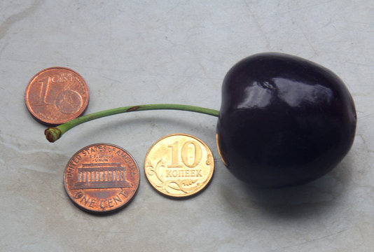 Image of the cherry and various coins