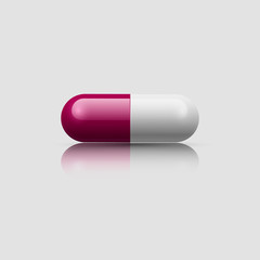 Medicine capsule pill in two glossy halfs red and white. Vector illustration.