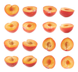 Cut open plum half isolated