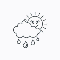 Rain and sun icon. Water drops and cloud sign.