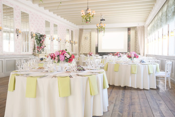 Cafe interior with the served tables