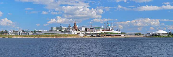 Panorama of the Kazan Kremlin, Russia. The panorama shows in Kremlin: Presidential Palace, Soyembika Tower, Annunciation Cathedral, Qolsharif Mosque; outside Kremlin: Palace of Farmers and Circus.