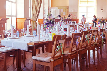 Cafe interior with the served tables