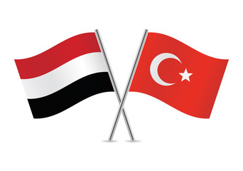 Yemen and Turkey flags. Vector illustration.