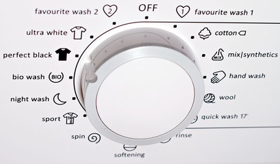 Close up on perfect black button on control panel of washing machine