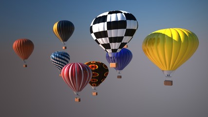 Colorful hot air balloons over blue sky, 3d illustration