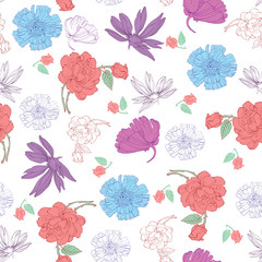 Vector Colorful Kimono Flowers on White Seamless Pattern