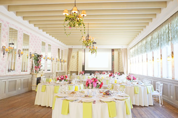 Cafe interior with the served tables