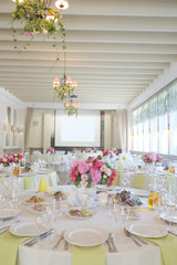 Cafe interior with the served tables