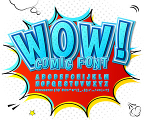 Creative high detail blue comic font. Alphabet, comics, pop art.
