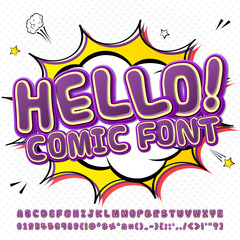 Creative high detail purple comic fontn. Alphabet, comics, pop art.