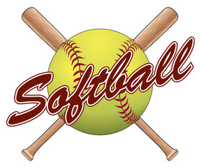 Softball Team Design is an illustration of a softball design with a softball, crossed bats and the word softball. 