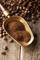ground coffee in scoop and coffee beans on a wooden background, view from the top
