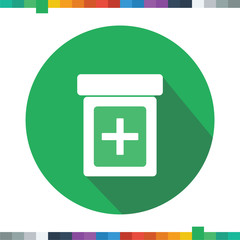 Flat medicine bottle icon in a circle with a long shadow.