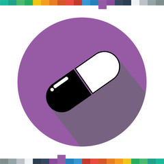 Flat medicine icon pills or tablets, capsules, in a cercle with a long shadow.