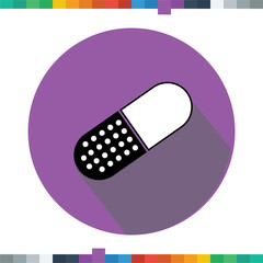 Flat medicine icon pills or tablets, capsules, in a cercle with a long shadow.