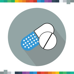 Flat medicine icon pills or tablets, capsules, in a cercle with a long shadow.