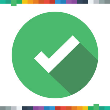 Flat tick icon in a green cercle with a long shadow.