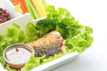 Saba steak with rice on the white background, clean food good fo