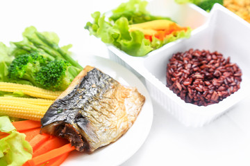 Saba steak with rice on the white background, clean food good fo