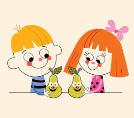 little boy and little girl with pears