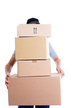 overstrained postman with parcels