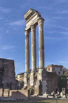 Columns of the Castor and Polux temple on Roman forum in Rome, Italy