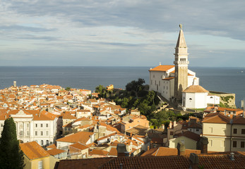 Panoramic view of adriatic sea and city of Piran in Istria, Slovenia 