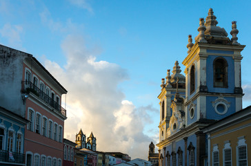 Brazil, Salvador,  the old Pelourinho district seen from Peolurinho sqare, on the right the Nossa Sra. De Rosario Dos Pretos church