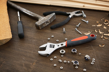 Workplace with construction tools close up