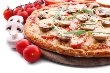 Tasty pizza with vegetables and arugula close up