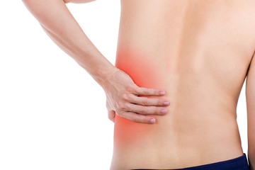 Fototapeta na wymiar Close up male back pain isolated white background.