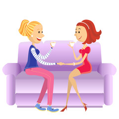 Lovers women sitting in room on couch