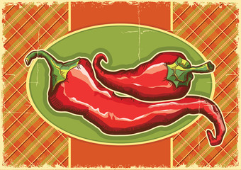 Red peppers on vintage label background.Vector illustration