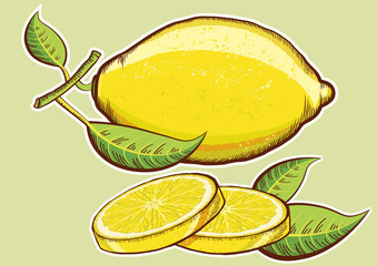 Yellow fresh lemons with green leaves isolated