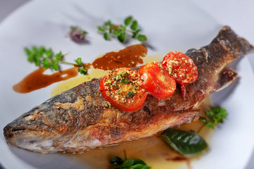 Gourmet Essen Gebratener Saibling in Knoblauch Zitronenbutter Nahaufnahme