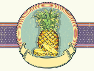 Pineapple vintage label illustration on old paper.Vector backgro