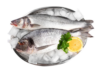 Fresh fishes with lemon and ice on metal tray isolated on white