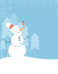 Snowman with bird.Christmas illustration for text