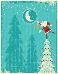 Vintage christmas card with Santa and nice moon.Vector tender ca
