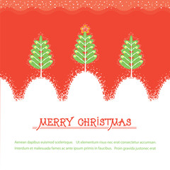 Christmas card.Vector red illusrtration with trees and snow