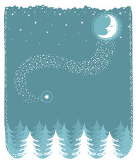 Snowy landscape with nice moon and forest.Vector christmas card